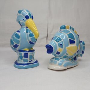 Salt & Pepper Shakers Fish Pelican Colorful Tile Block Blue Yellow Nautical